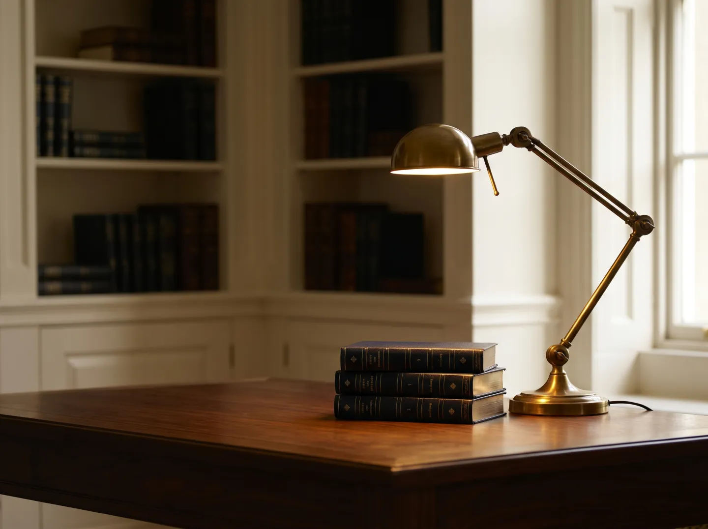 Mesa de lectura de una biblioteca jurídica con lámpara de bronce y volúmenes encuadernados