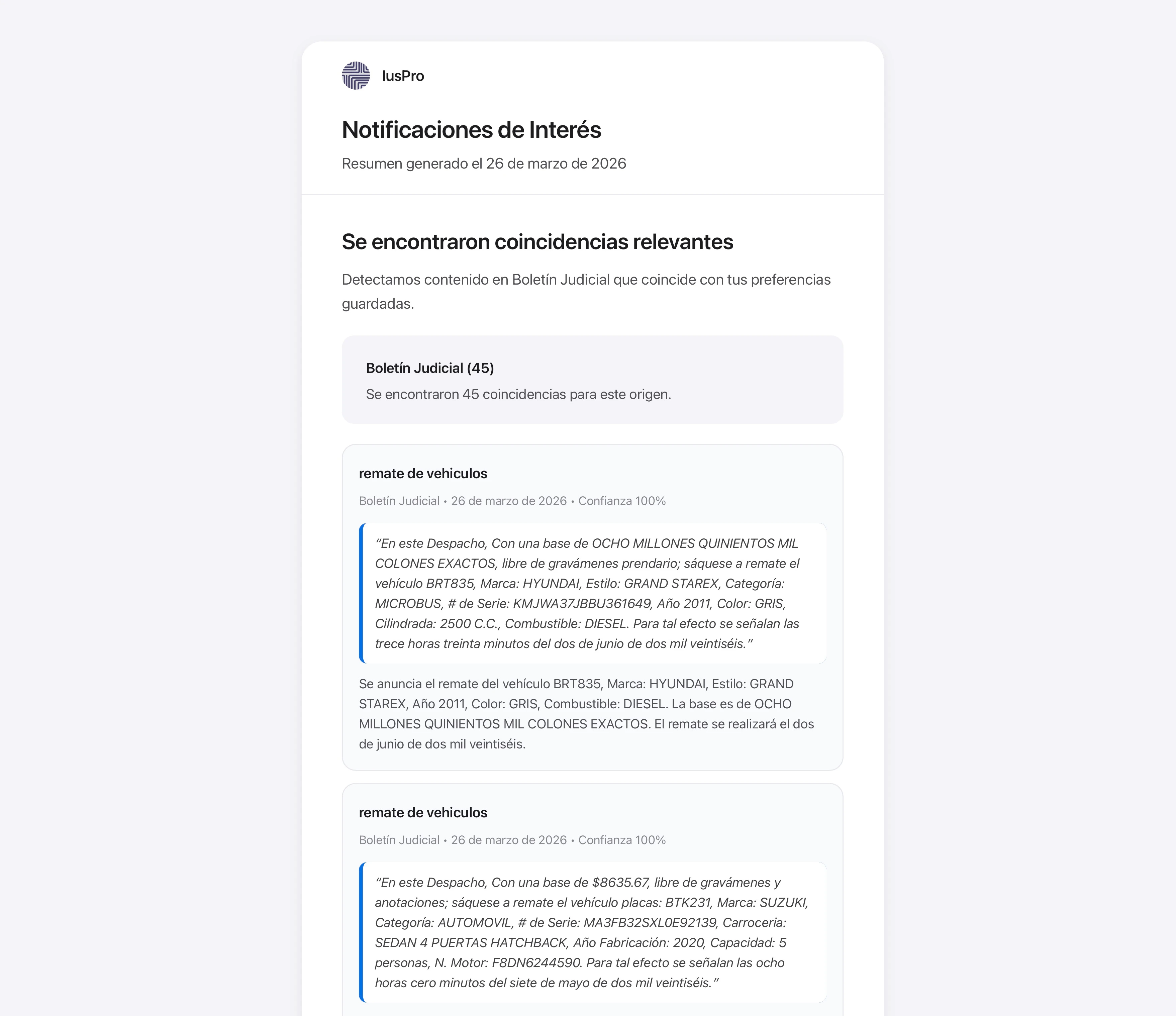 Ejemplo de notificación con coincidencias del Boletín Judicial